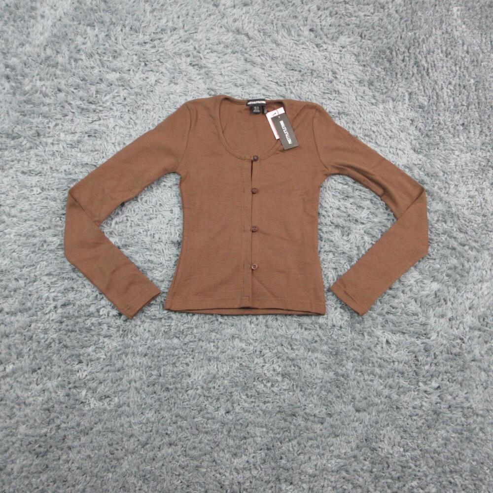 PrettyLittleThing Shirt Womens 4 Brown Ribbed Button Down Fitted Long Sleeve NWT